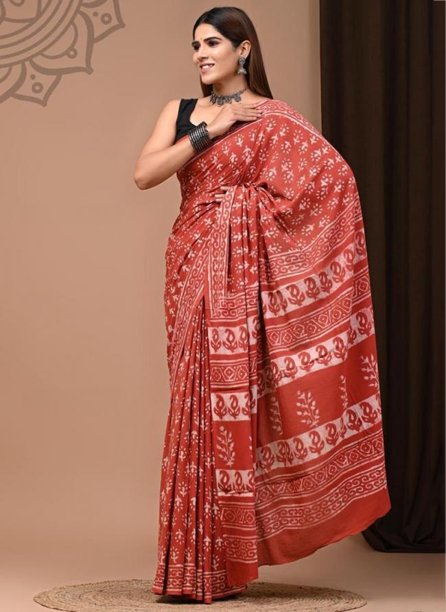 Cotton Mul Mul Red Casual Wear Printed Saree